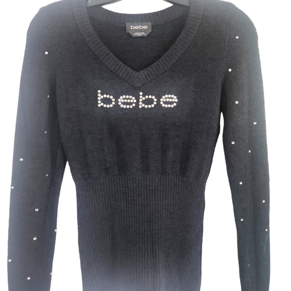 BEBE PLush Velor Black Rhinestone Sleeve V-Neck Sweater Sz XS Fitted Figure Form - Picture 1 of 7